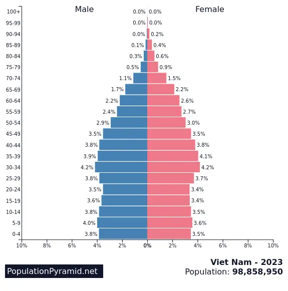 人口ピラミッド：インド-中国-ベトナム-日本 2022